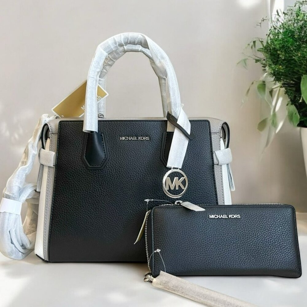 Michael Kors Mercer Belted Satchel and Wallet Black leather With Silver Hardware